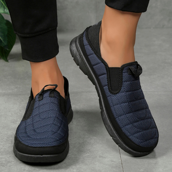 Quilted puffer slip-on comfort shoes for casual wear, available in multiple colors, unisex footwear