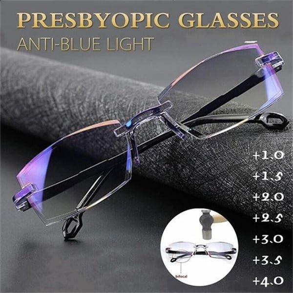 Clear progressive multifocal reading glasses with blue light filter for versatile vision & screen protection.