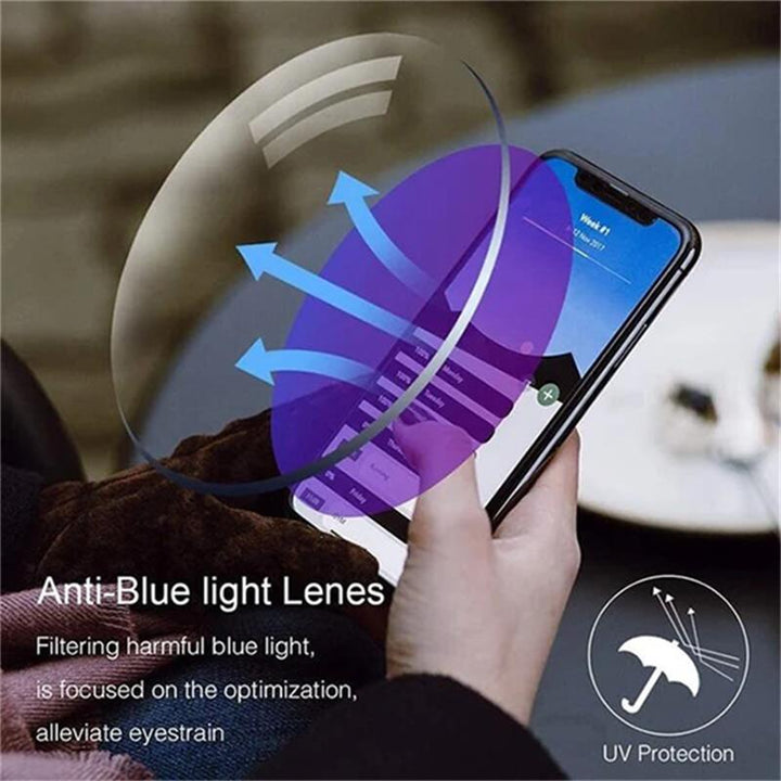 Anti-glare unisex computer glasses with blue light blocking & multifocal lenses for eye protection.