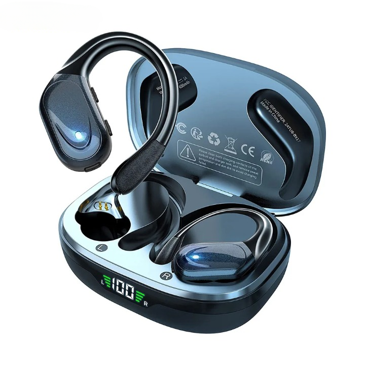Unisex Bluetooth 5.3 sport earbuds with mic, LED case & 75H playback. Wireless, waterproof gym headphones for fitness.