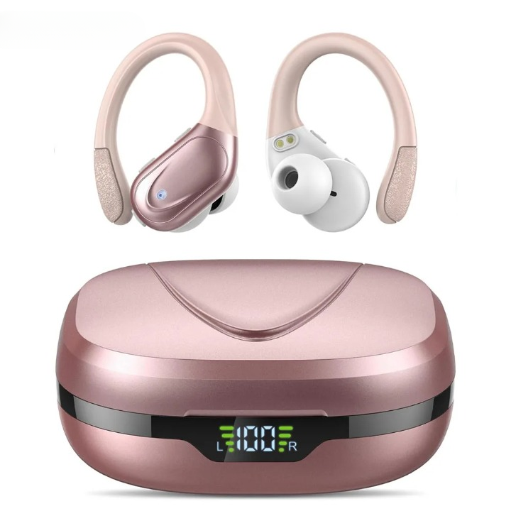 Running earbuds featuring Bluetooth 5.3, waterproof design, & secure fit for gym workouts. Long 75H battery, stereo sound.