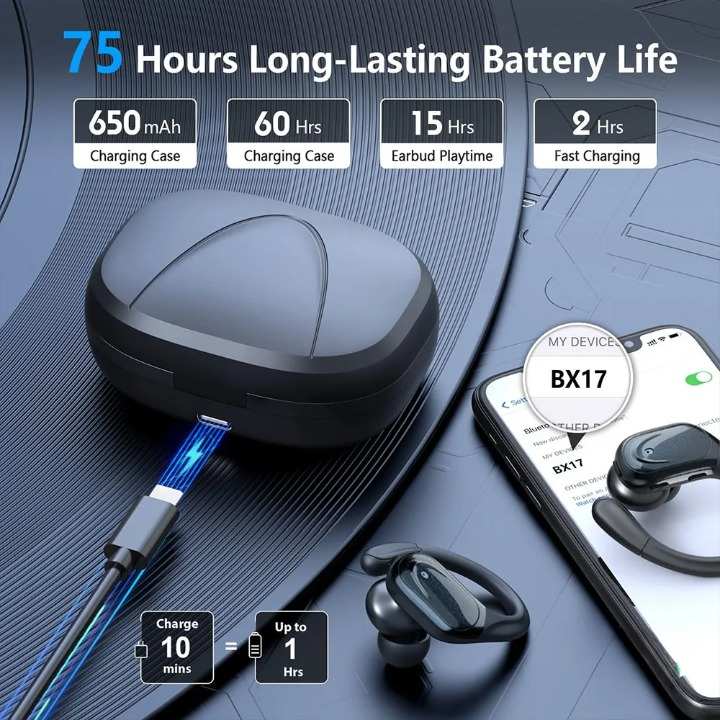 75H long battery Bluetooth 5.3 sport earbuds (1+1 FREE) for uninterrupted gym, running, and fitness audio. Waterproof design.