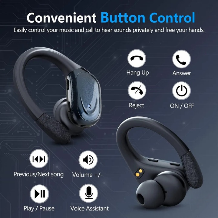 LED charging case for Bluetooth 5.3 wireless sport earbuds, offering 75H playback & fast USB-C charging. Noise cancelling.
