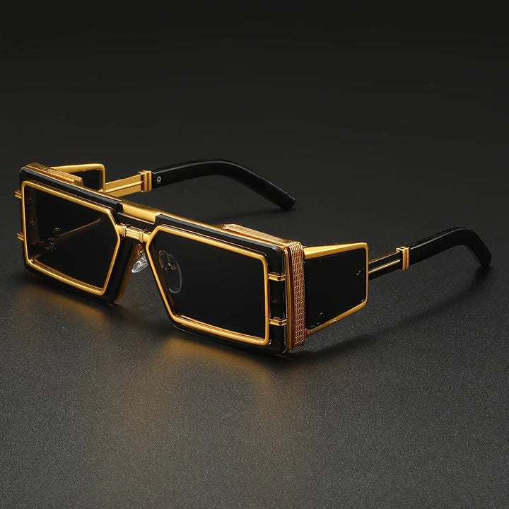 Unisex bold geometric aviator sunglasses with golden details for urban style UV400 protection.