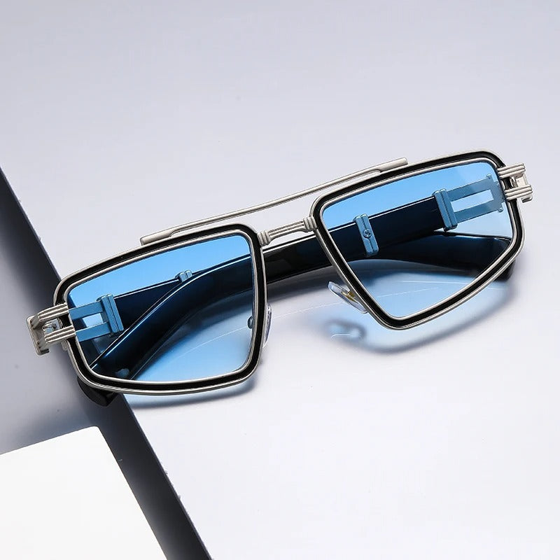 Close-up of unisex geometric sunglasses, sleek metal frame detail, contemporary fashion eyewear
