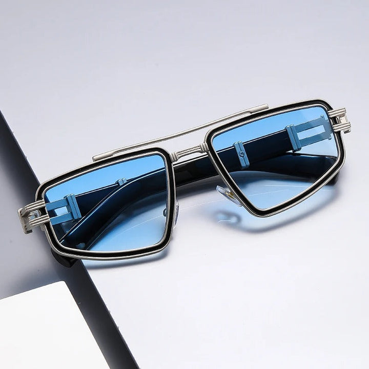 Close-up of unisex geometric sunglasses, sleek metal frame detail, contemporary fashion eyewear