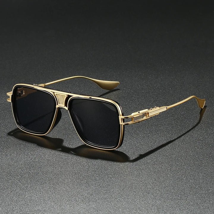 Stylish Unisex UV400 Sunglasses, gold frame, black gradient lenses, side view model shot