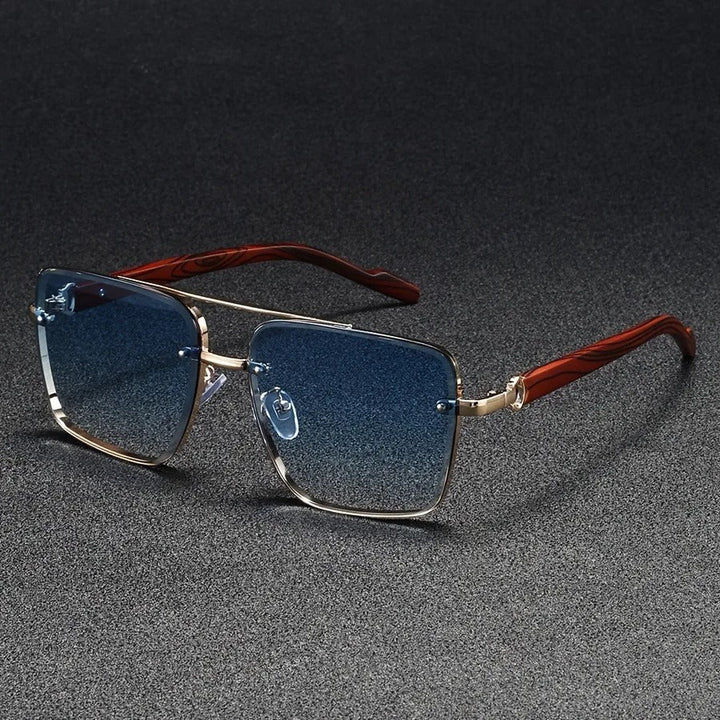 Unisex square sunglasses; gold frame front and side view, elegant and modern vintage design.