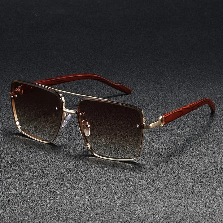 Fashionable unisex gold and wood square sunglasses for everyday wear and accessories.