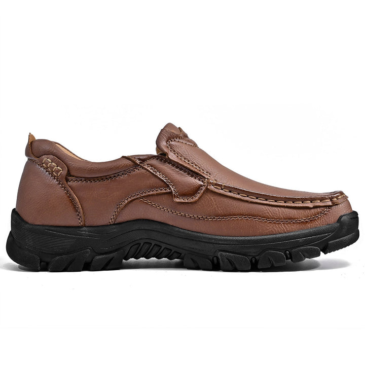 Back view of a mens brown orthopedic comfort boot showing ankle support and heel cushioning