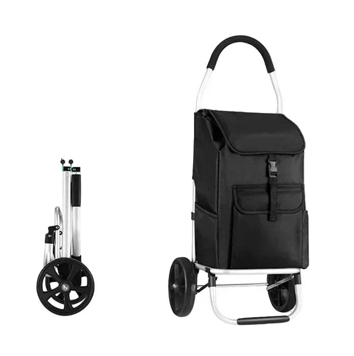 Foldable aluminum shopping trolley, CarryEase portable cart, compact design for easy storage & transport.