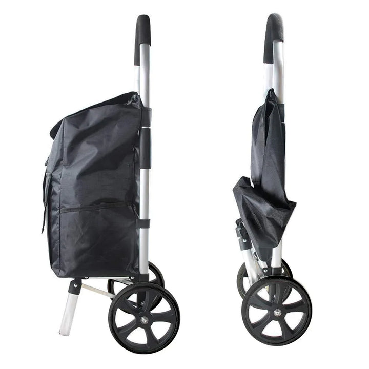 Unisex CarryEase grocery cart, foldable aluminum design with sturdy basket for efficient shopping.