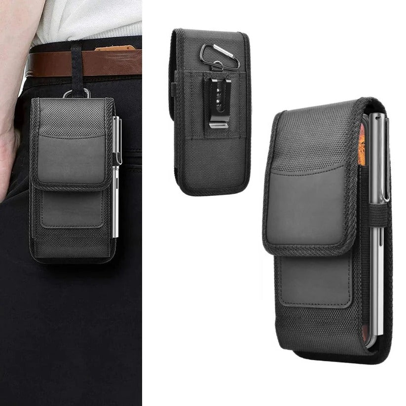 Durable Oxford cloth cell phone belt pouch with pen holder & RFID protection. Secure clip case.