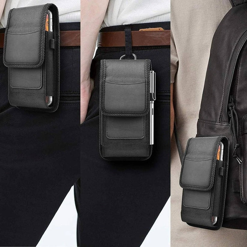 Unisex waist bag phone holder. Secure clip case for hands-free carrying, RFID blocking technology.