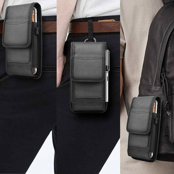 Unisex waist bag phone holder. Secure clip case for hands-free carrying, RFID blocking technology.