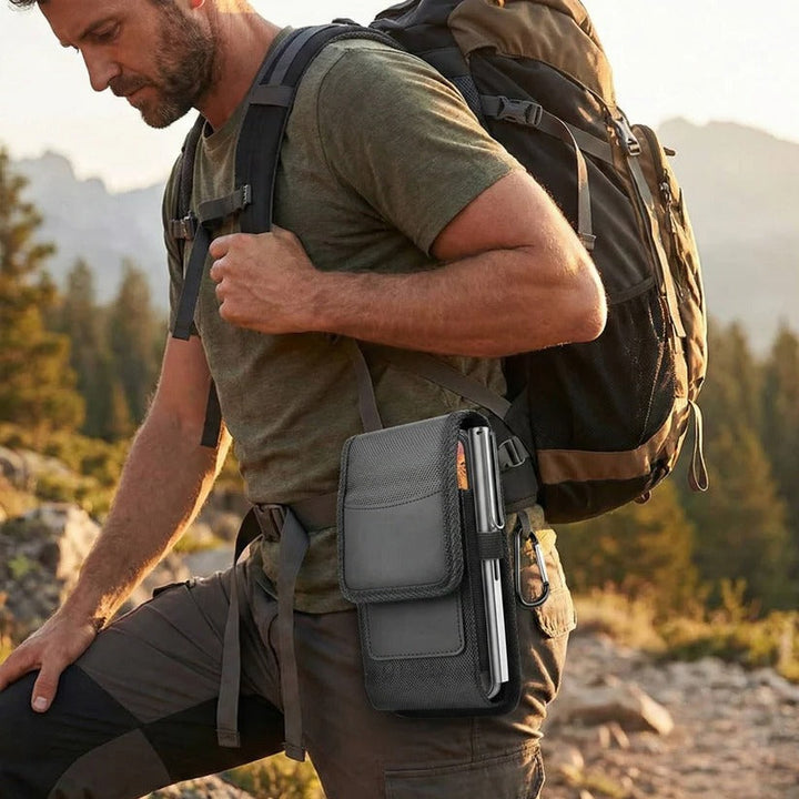 Secure universal cell phone belt pouch with RFID protection & pen holder. Durable Oxford cloth.
