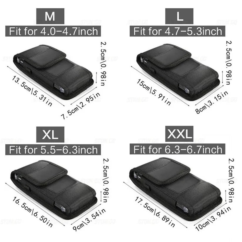 Hands-free unisex cell phone belt pouch. Secure clip case, RFID blocking, ideal for active use.