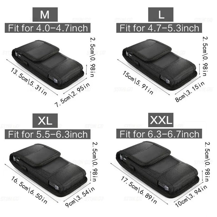Hands-free unisex cell phone belt pouch. Secure clip case, RFID blocking, ideal for active use.