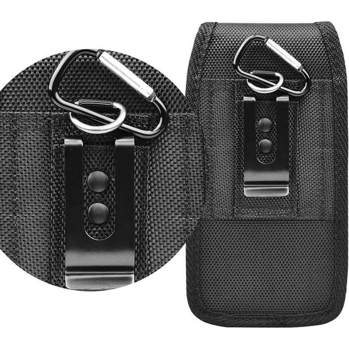 Black Oxford cloth cell phone belt pouch. Secure clip case design with RFID protection for phones.