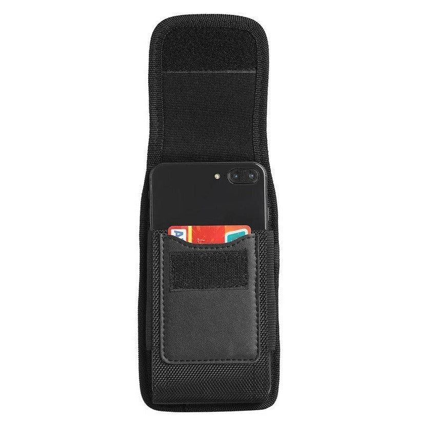 RFID blocking cell phone belt pouch. Secure unisex clip case keeps your phone & cards safe.