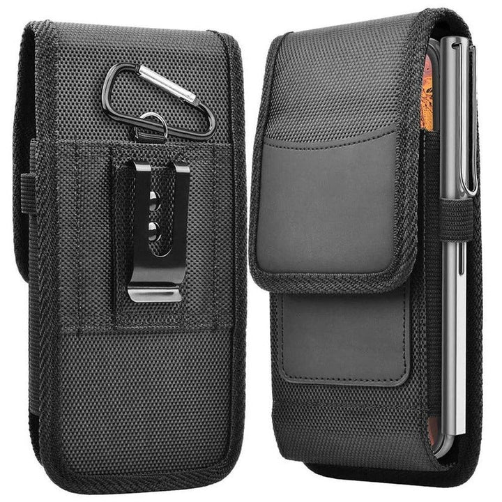 Universal phone holder belt pouch with secure clip, RFID protection & pen loop. Unisex waist bag.