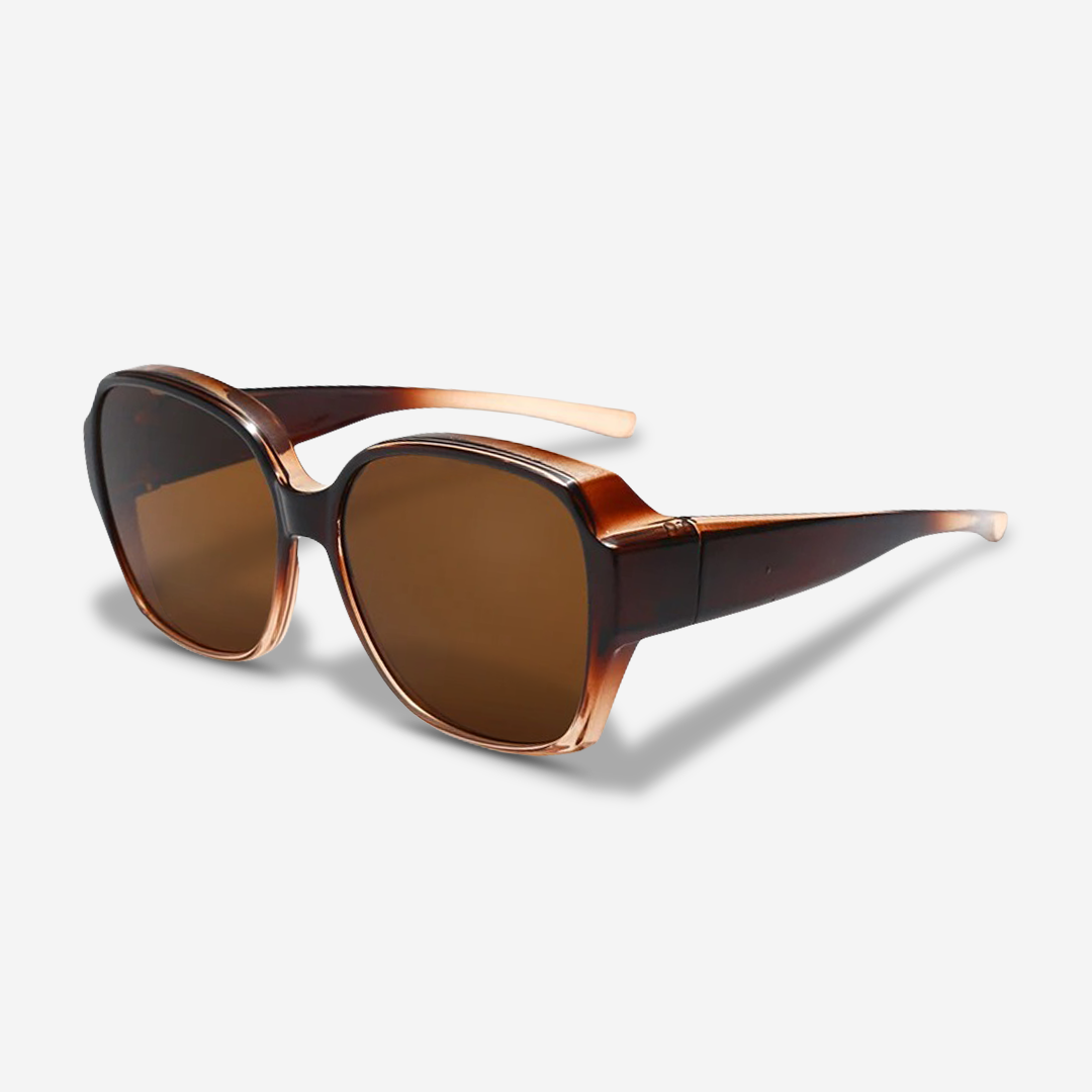 Stylish clip-on shades, lightweight and durable, providing UV400 eye protection over eyeglasses.