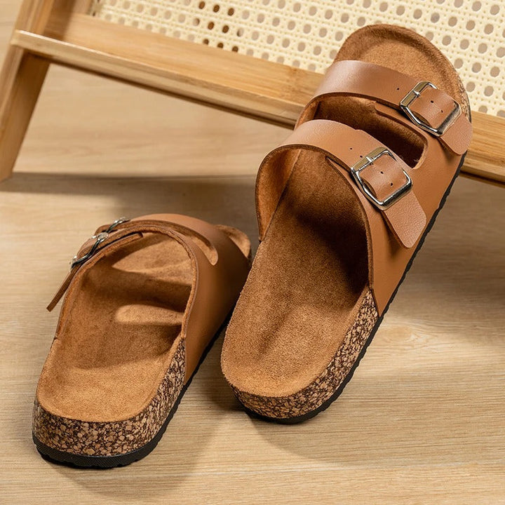 Unisex footwear: Double Buckle Slide Sandals with a supportive cork footbed and suede top layer.