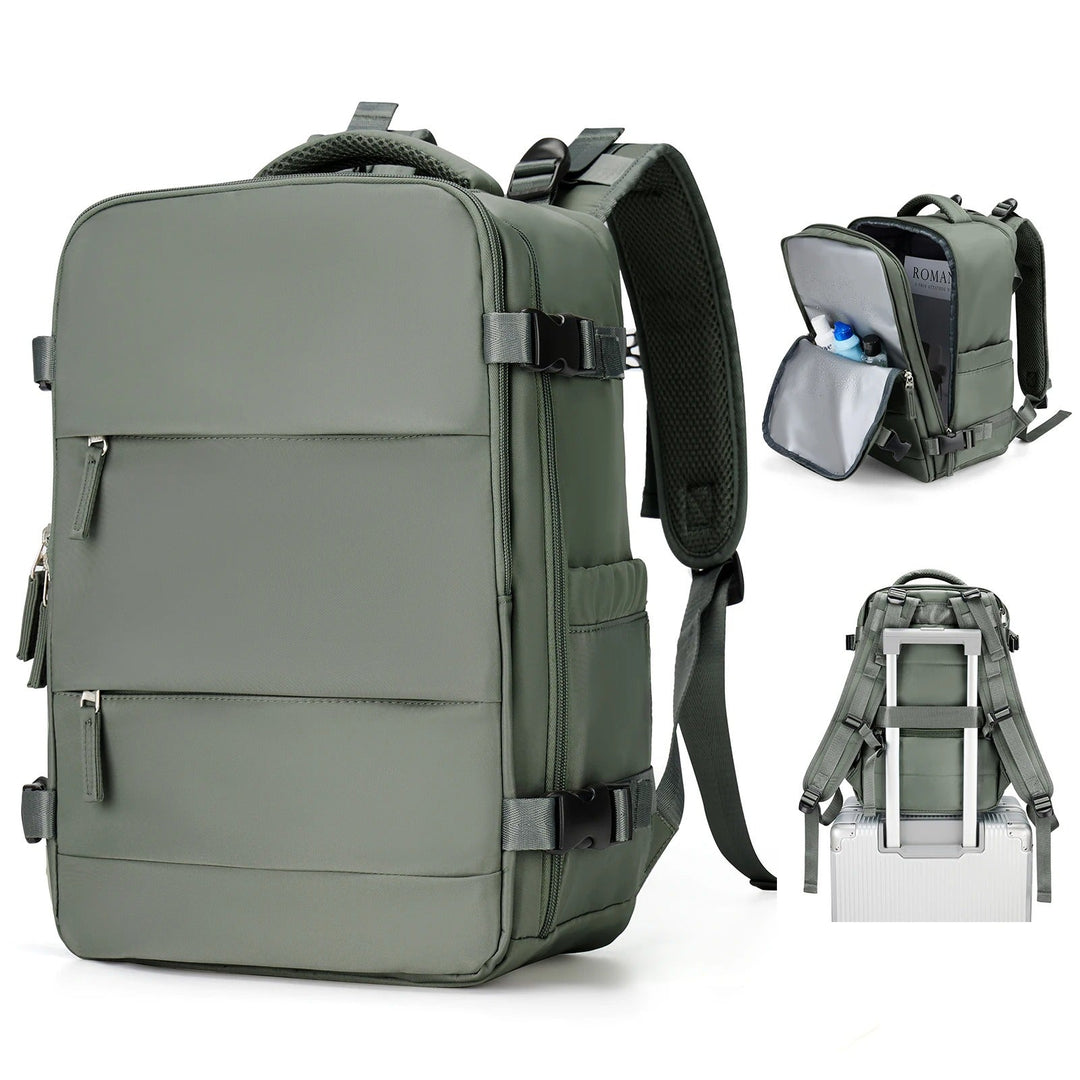 Multi-compartment travel backpack, perfect for organized travel with a dedicated laptop sleeve.