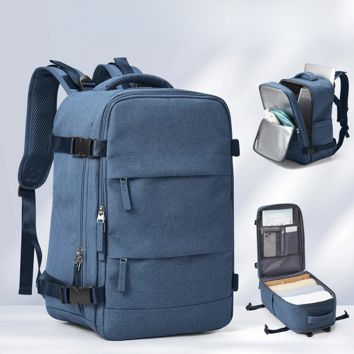 Compact travel backpack with multiple compartments, ready for organized travel and a seamless journey.