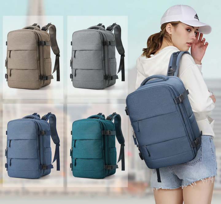Durable, airline-approved travel backpack with secure zippers, ideal for organized and lightweight travel.