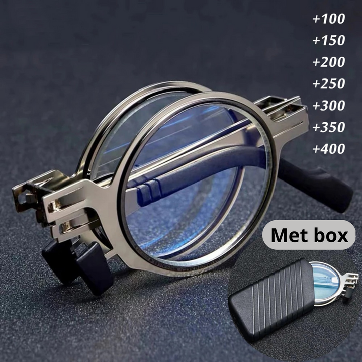 Foldable reading glasses, silver round frame, compact design for easy storage & clear vision.