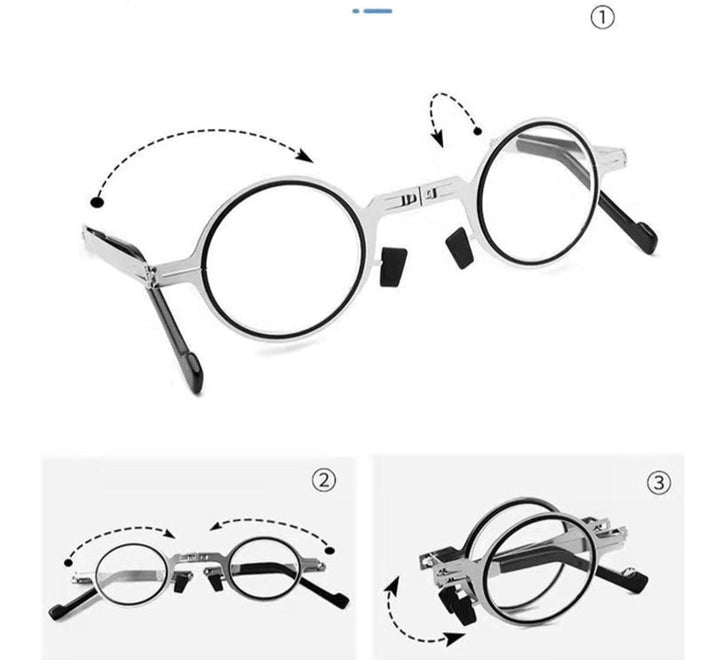 Stylish silver foldable reading glasses for men & women, offering compact portability & clear vision.