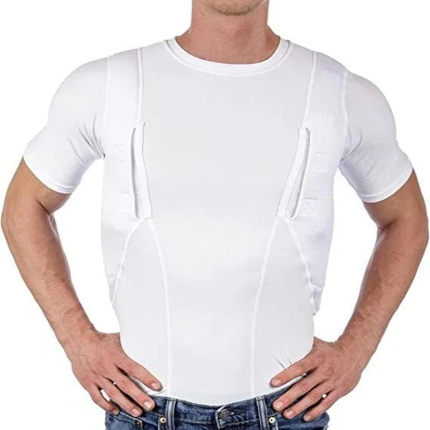 Unisex concealed carry compression shirt with integrated ambidextrous holsters for discreet firearm carry.
