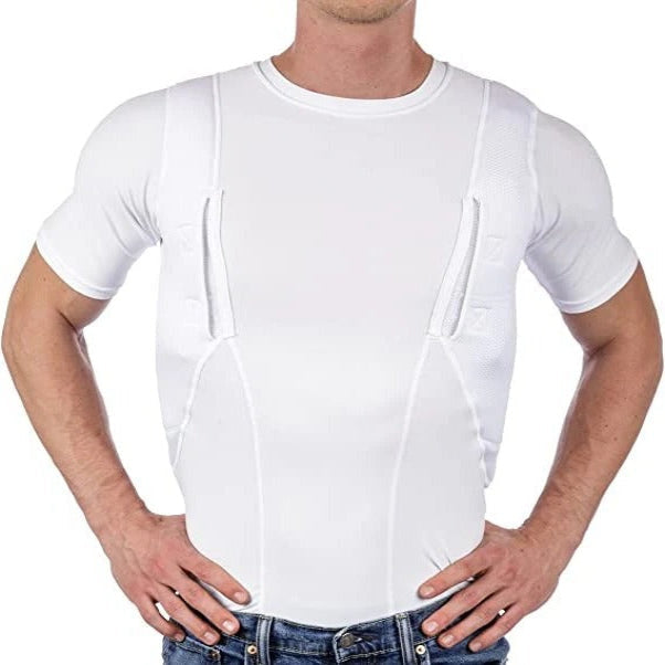 Ambidextrous concealed carry compression shirt, offering versatile and secure hidden holster access for all users.