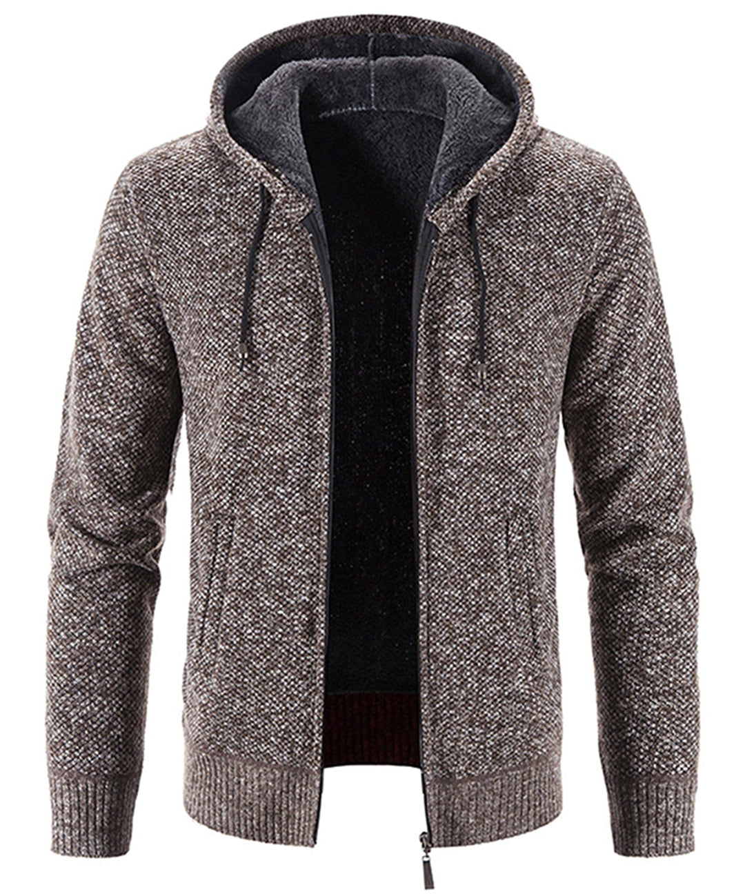 Athletic build model showcasing the range of motion in a cozy fleece zip-up hoodie