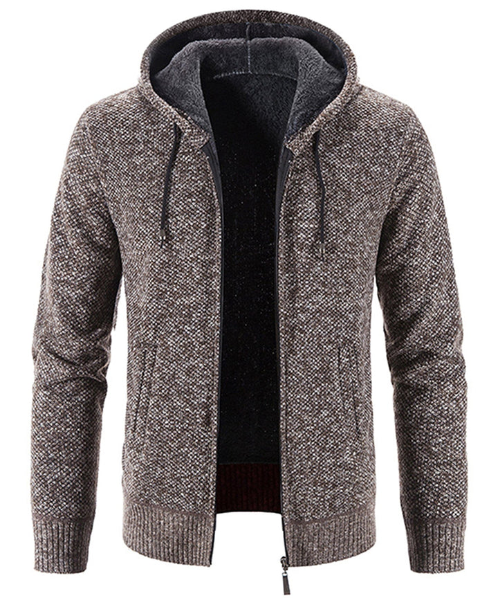 Athletic build model showcasing the range of motion in a cozy fleece zip-up hoodie
