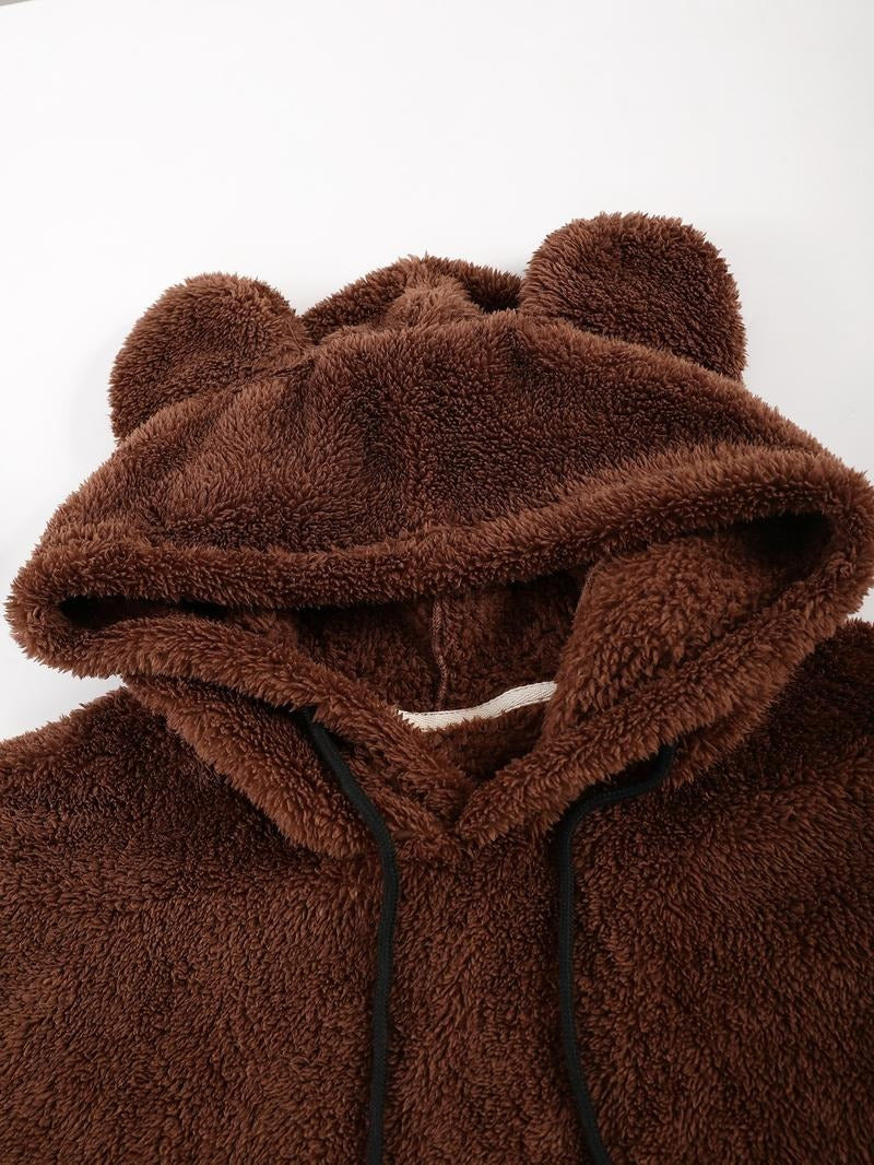 Warm sherpa fleece hoodie with bear ears, perfect unisex design for comfortable, casual wear