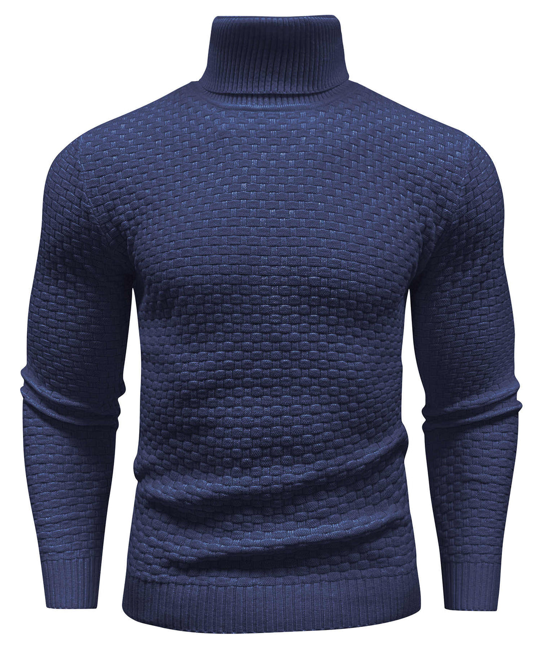 Side view of a unisex cozy turtleneck sweater in a charcoal grey, showcasing its long sleeve style.
