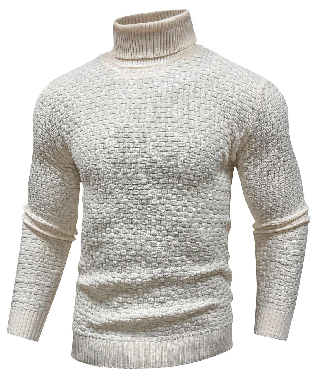 Model wearing a warm, light blue unisex cozy turtleneck sweater, styled for everyday winter fashion.