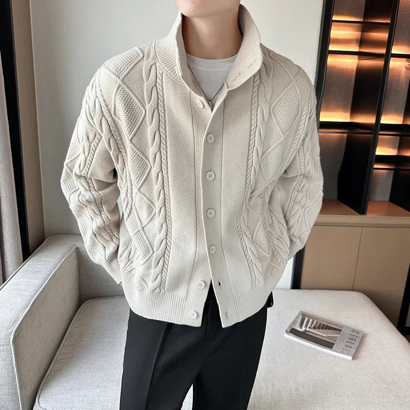 Unisex cozy wool knit cardigan sweater in classic style, perfect for layering and winter fashion.