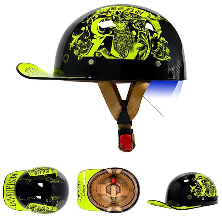 Get protected with this DOT approved baseball style half motorcycle helmet for riders.