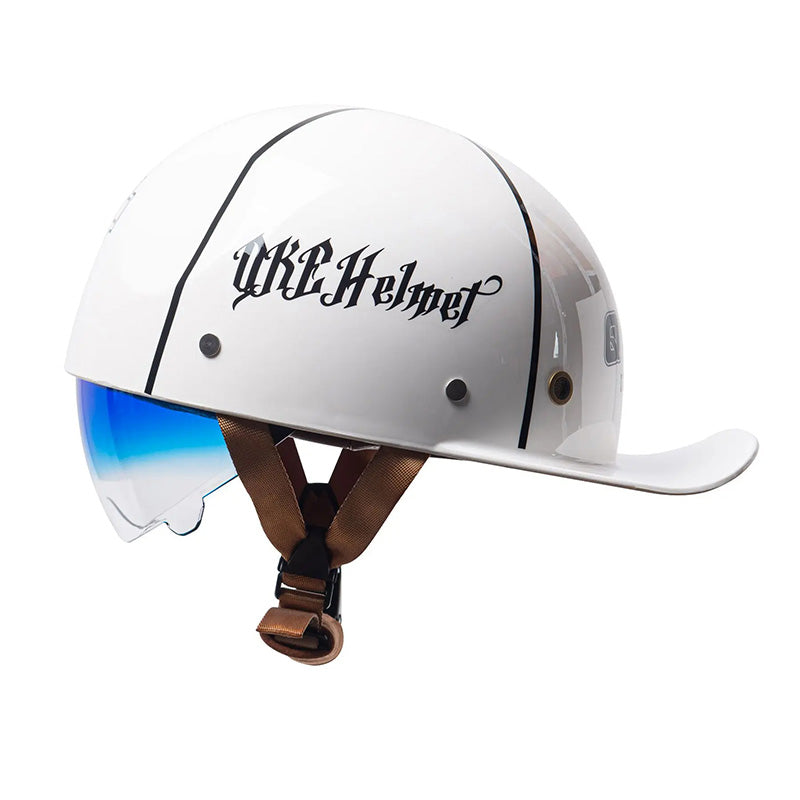 Riding accessory: DOT certified baseball style half helmet for motorcycle safety.