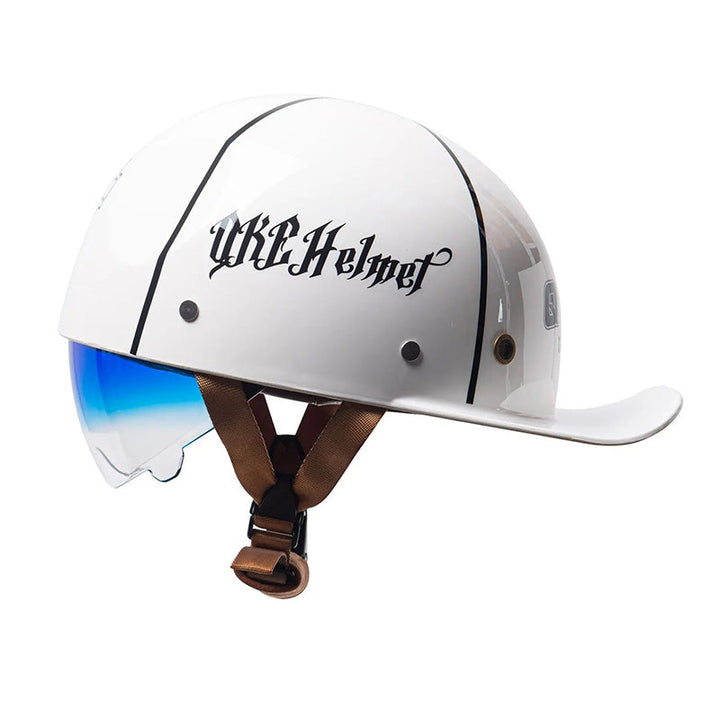 Riding accessory: DOT certified baseball style half helmet for motorcycle safety.