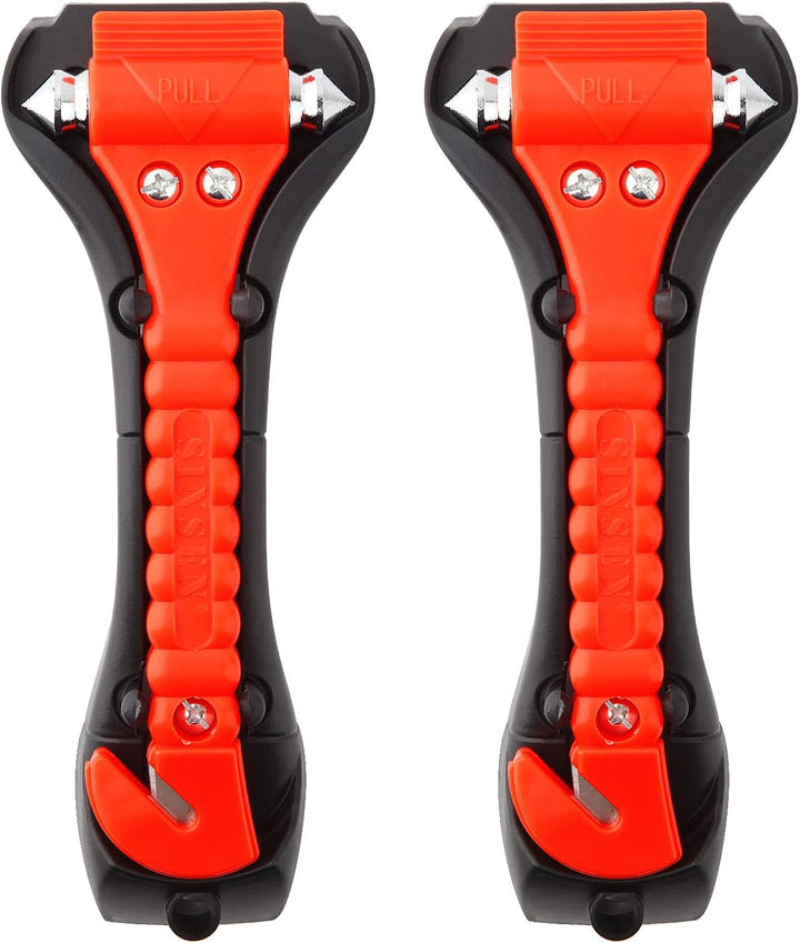 Unisex dual car safety hammer & seatbelt cutter set for auto emergency. Window breaker & rescue tool.