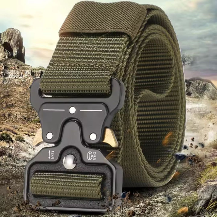 Heavy-duty nylon tactical belt, durable and reliable, with a quick-release buckle for outdoor activities.