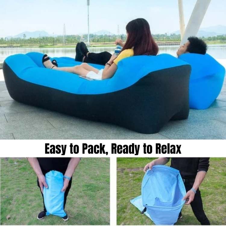 Vibrant portable inflatable sofa lounger, ideal for comfortable relaxation during camping trips & adventures.
