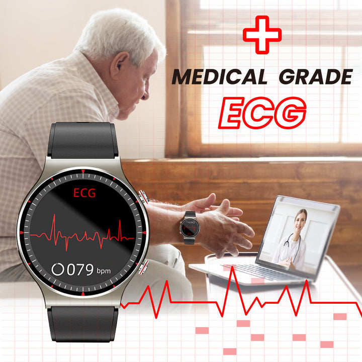 Man wearing Unisex EKG Smart Watch for health monitoring. Heart rate, SpO2, and EKG.