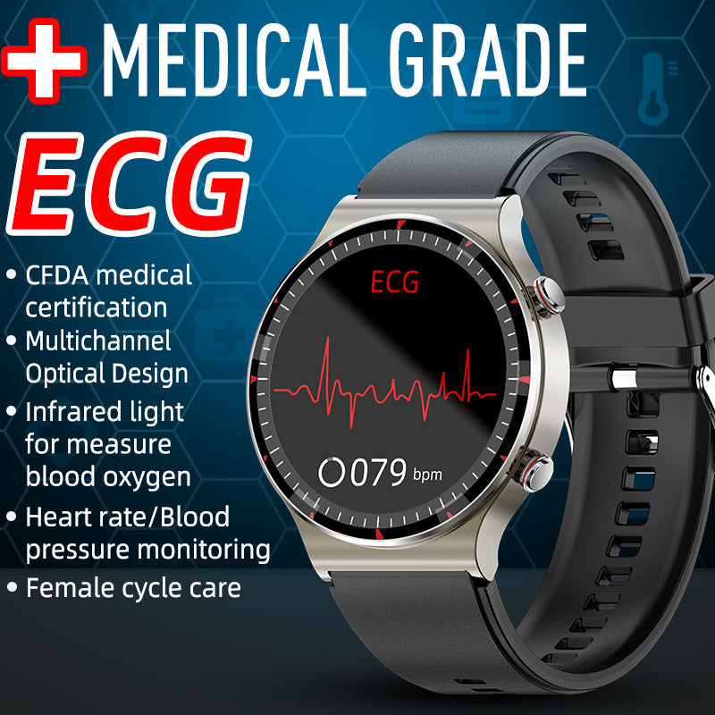 Woman wearing Unisex EKG Smart Watch. Stylish health tracker with blood oxygen & heart rate.