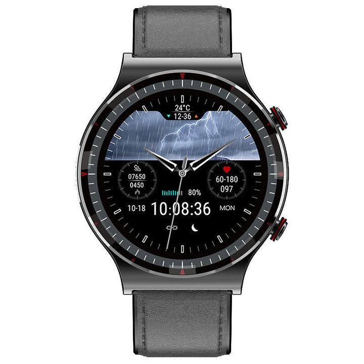 Front view of Unisex EKG Smart Watch on white background. Blood oxygen & heart rate monitor.