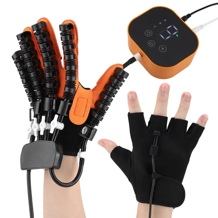 Unisex electric hand rehabilitation glove for stroke recovery & physical therapy, assisting hand mobility.